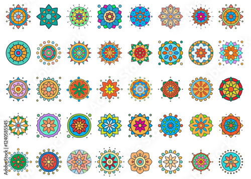 Colorful ornamental button on the white background.Sticker pack in trendy retro psychedelic cartoon style. Isolated vector illustration. Flower power. A collection of vibrant Diwali Rangoli designs