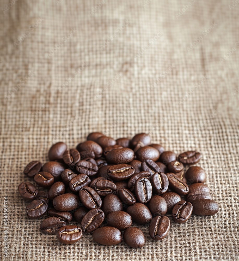 Coffee beans arranged on burlap background showcasing rich textures and colors, perfect for coffee lovers and culinary enthusiasts, copy space for text Coffee beans arranged on burlap background showcasing rich textures and colors, perfect for coffee lovers and culinary enthusiasts, copy space for text
