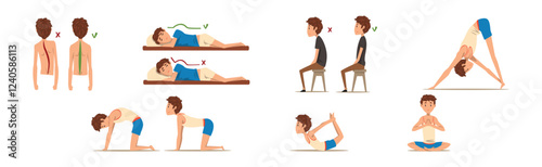 Teen Boy Doing Exercise with Correct and Wrong Spine Posture Vector Set