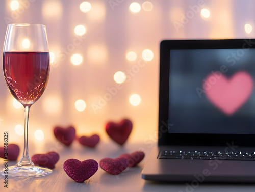 romantic virtual date setup featuring glass of red wine, laptop displaying heart, and decorative heart shaped items. soft bokeh lights create warm atmosphere photo