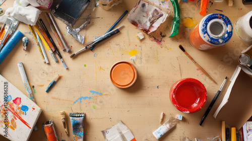 vibrant craft table filled with art supplies, paint tubes, brushes, and colorful splatters creates inspiring workspace for creativity