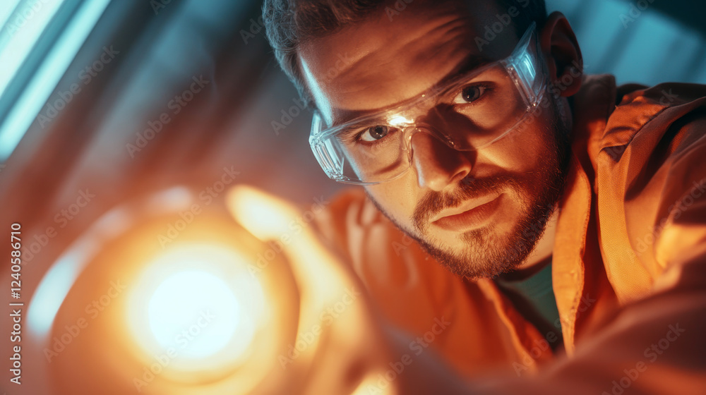 Focused engineer using flashlight in dimly lit industrial environment Focused engineer using flashlight in dimly lit industrial environment