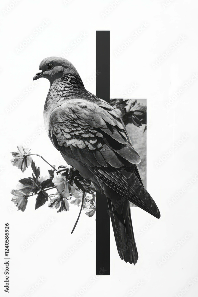 Fototapeta premium Minimalist collage featuring a pigeon on a rooftop with floral geometric accents