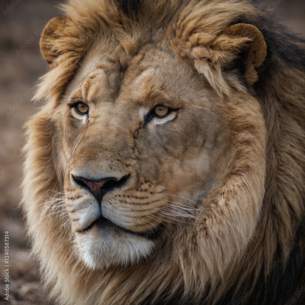 A dreamy, soft-focus portrait of a lion with a gentle expression, against white. A dreamy, soft-focus portrait of a lion with a gentle expression, against white.
