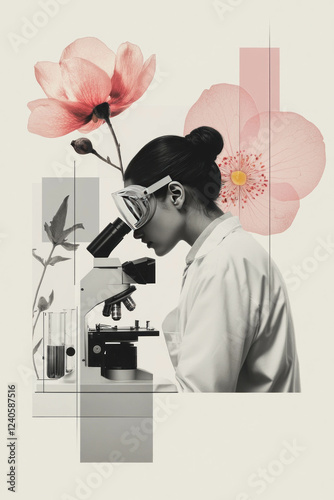 Minimalist collage featuring a scientist examining samples with flowers in the background