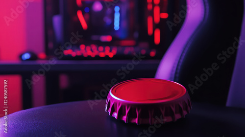 soda cap rests on gaming chair, illuminated by vibrant lights from gaming setup in background, creating dynamic and immersive atmosphere