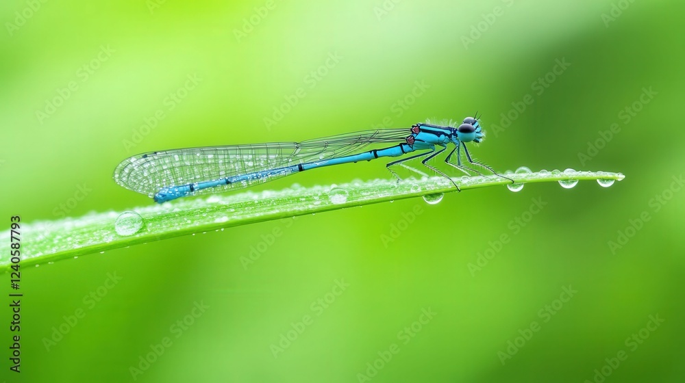 Elegant damselfly resting on dew-kissed leaf in vibrant nature scene Elegant damselfly resting on dew-kissed leaf in vibrant nature scene