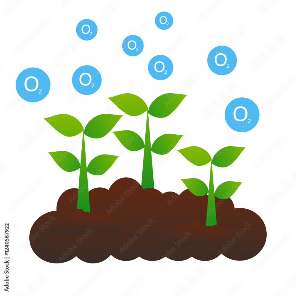 Seedling with leaf green grows from seed in soil. Tree photosynthesis process absorbs carbon dioxide CO2 greenhouse gas and produces oxygen O2 molecules. Seedling with leaf green grows from seed in soil. Tree photosynthesis process absorbs carbon dioxide CO2 greenhouse gas and produces oxygen O2 molecules.