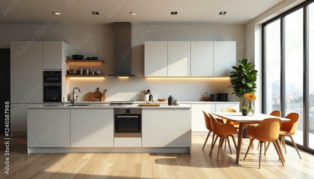 Modern minimalist loft kitchen, open plan design, style, countertops, monochrome Modern minimalist loft kitchen, open plan design, style, countertops, monochrome