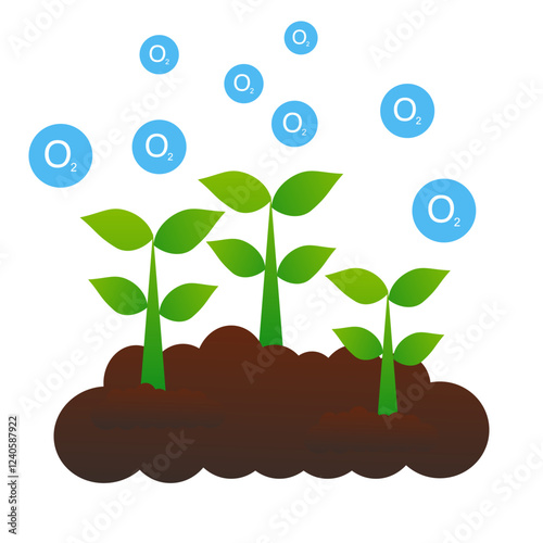 Seedling with leaf green grows from seed in soil. Tree photosynthesis process absorbs carbon dioxide CO2 greenhouse gas and produces oxygen O2 molecules.