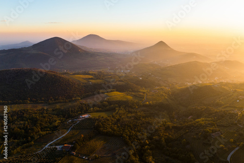 Aerial view of serene sunrise over picturesque hills and valleys with vineyards, Cinto Euganeo, Italy. photo