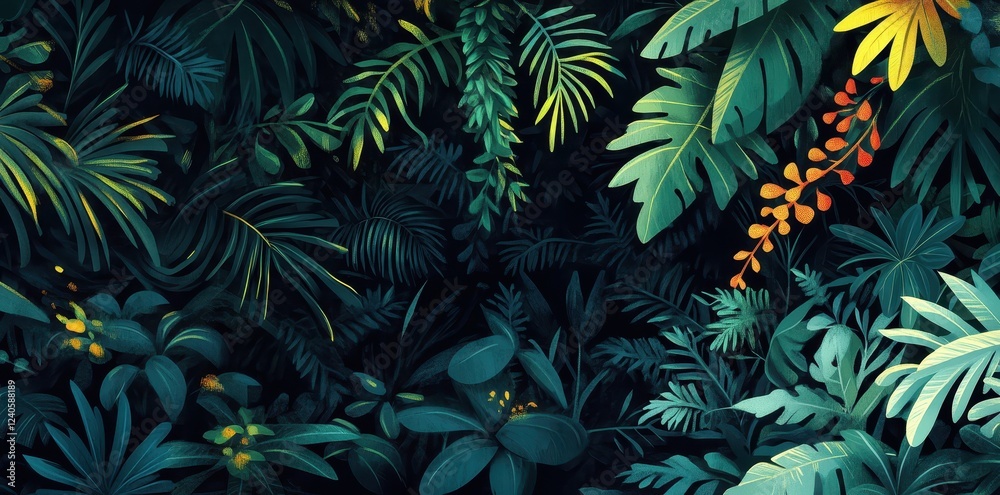 Fototapeta premium Lush Tropical Foliage Abundant Green Leaves and Flowers