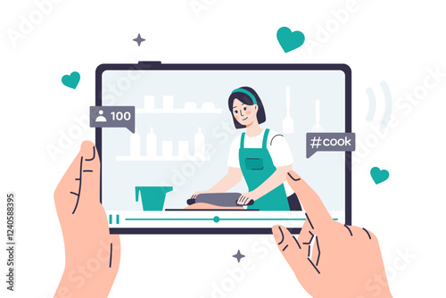 Vector illustration of a person watches a video recipe on a tablet, where a food blogger rolls out dough. Hands are holding a tablet, on which a video on a culinary topic is playing