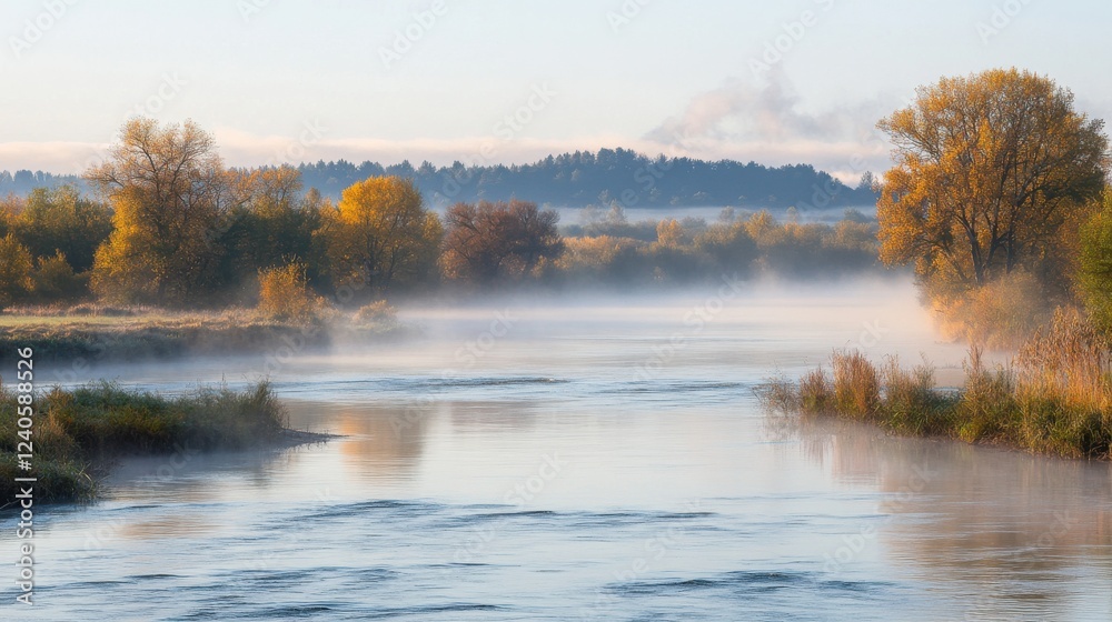 Foggy River Landscape with Soft Light and Misty Background Foggy River Landscape with Soft Light and Misty Background