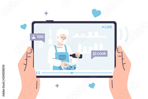 Vector illustration of a person watching a video recipe on a tablet, where an elderly man food blogger is framing a salad. Hands are holding a tablet on which a video on a culinary topic is playing