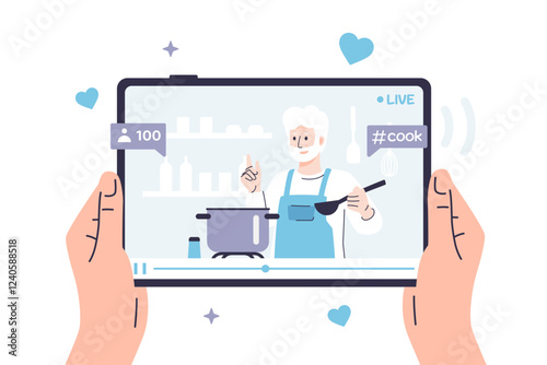 Vector illustration of a person watching a video recipe on a tablet, where an elderly man food blogger is cooking soup. Hands are holding a tablet on which a video on a culinary topic is playing