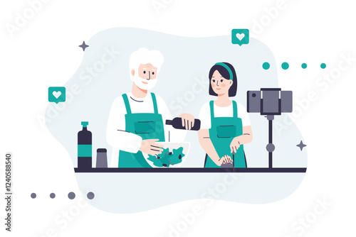 Vector illustration of a food blogger shooting a cooking video. An elderly man and a woman in aprons prepare a salad while streaming content. Use for blogs, social media, and food-related content