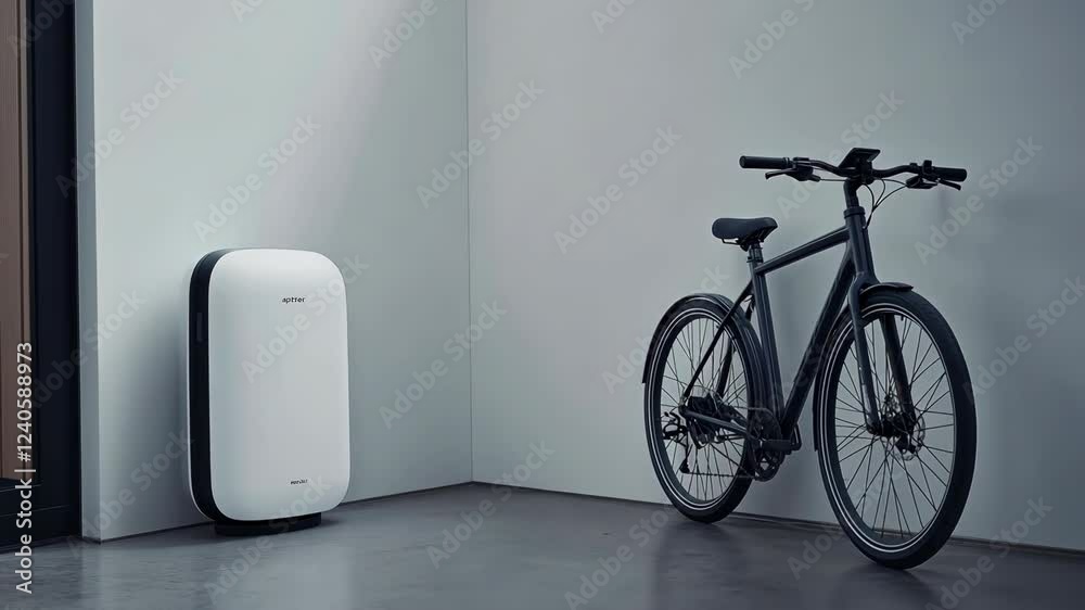Modern design features a sleek bicycle parked next to a stylish, compact storage unit against a minimalistic wall Modern design features a sleek bicycle parked next to a stylish, compact storage unit against a minimalistic wall