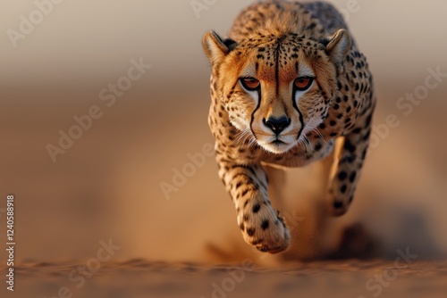 Powerful cheetah sprinting at full speed across the vast African savannah hunting for its next prey  The big cat s spotted fur agile movements photo