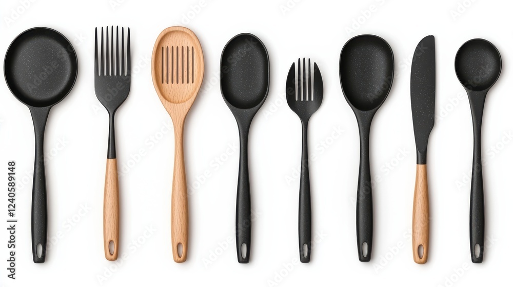 Fototapeta premium Premium Non Stick Kitchenware Set with Detailed Arrangement on Wooden Background Cooking Utensils and Tools Displayed in Minimalist Modern Style for Culinary and Lifestyle Concepts