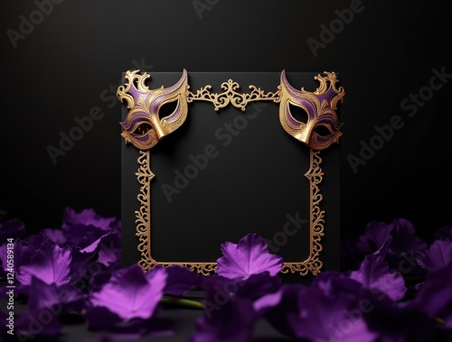 Elegant Mardi Gras Business Invitation featuring a luxurious gold and purple carnival mask design on a sleek black background