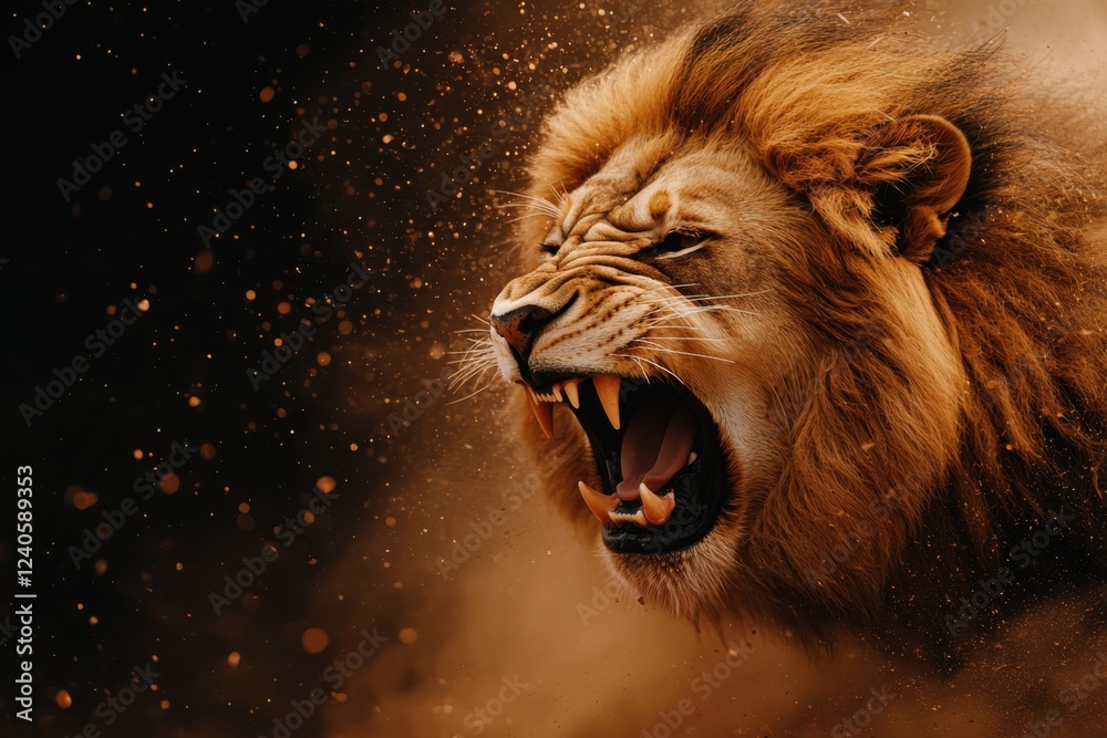 Naklejka premium Powerful majestic lion roaring fiercely its mane billowing in the dusty savannah air This dramatic close up portrait captures the raw intensity and primal energy of the king of the wild