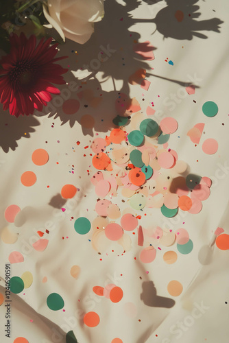 Colorful confetti scattered on a white surface with floral accents in a minimalist design