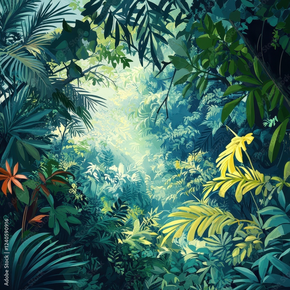 Naklejka premium Lush Tropical Rainforest Scene With Vibrant Greenery