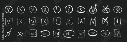 Hand drawn grunge texture tick, mark, checkboxes, correct or wrong symbols set. Chalk or crayon effect vector elements isolated on black background for underline in business presentation, checklist.