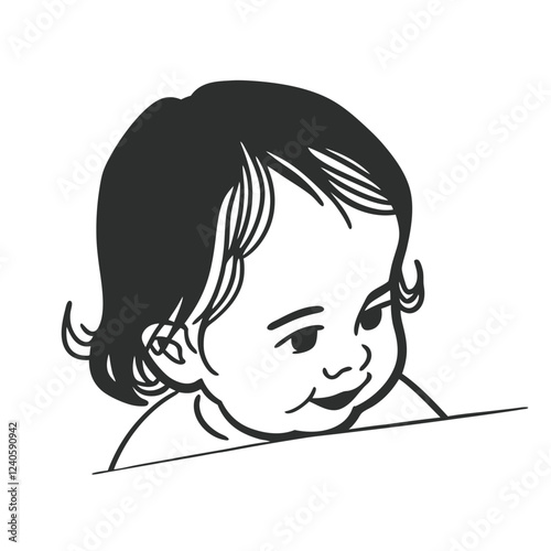 Smiling cute little child line art icon sign sketch stock image minimalist line drawing vector illustration silhouette hand drawing design element for poster, emblem, banner, sign, and t-shirt.   