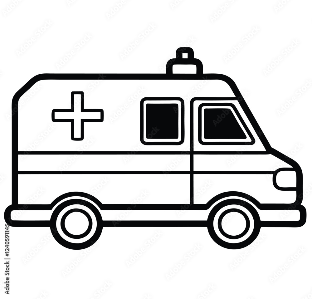 Ambulance, rescue vehicle line art icon sign silhouette vector illustration on white background