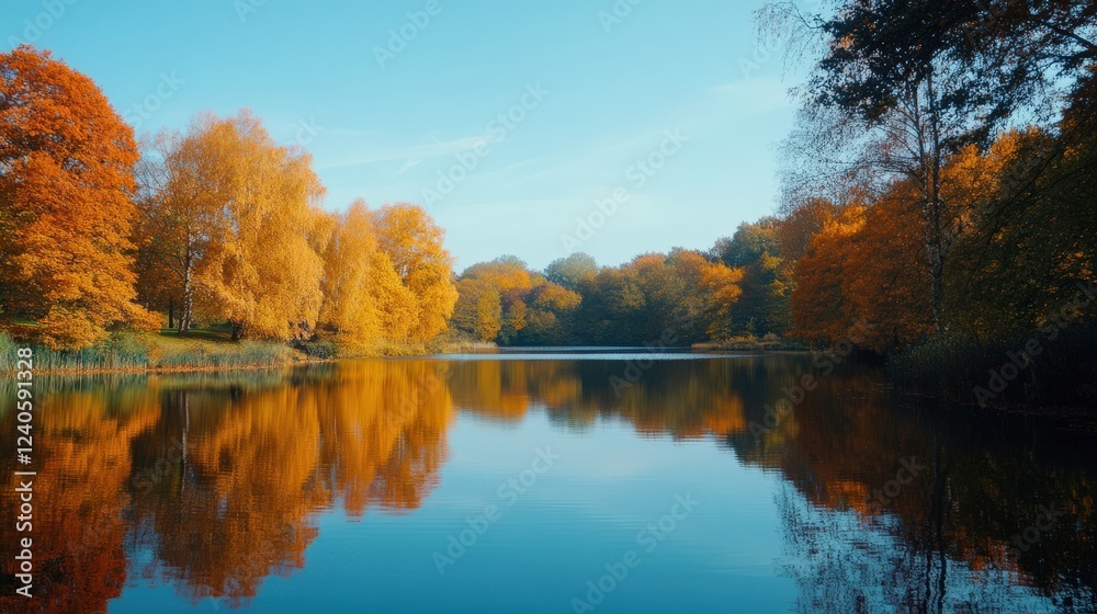 Obraz premium Serene Autumn Lake Surrounded by Golden Trees and Clear Blue Sky