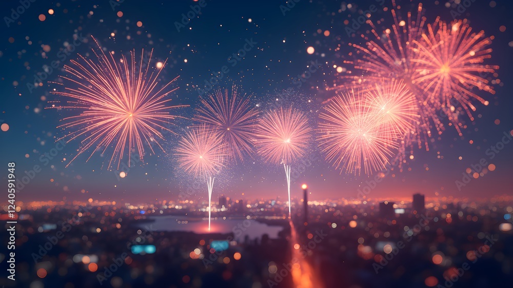 Obraz premium Urban night view under gorgeous fireworks