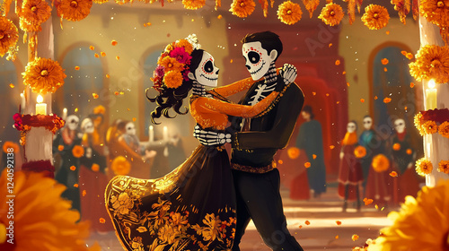 The Day of the Dead is a holiday traditionally celebrated on November 1 and 2, with two  cartoon persons dancing in the street