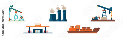 Oil Industry and Fuel Manufacture and Extraction Vector Set