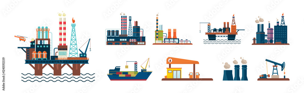 Fototapeta premium Oil Industry and Fuel Manufacture and Extraction Vector Set