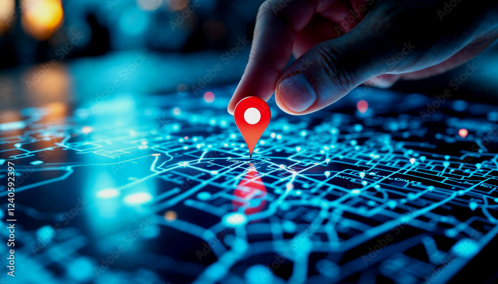 Naklejka premium Hand selecting a location on a digital city map at night.