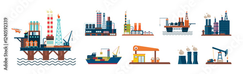 Oil Industry and Fuel Manufacture and Extraction Vector Set