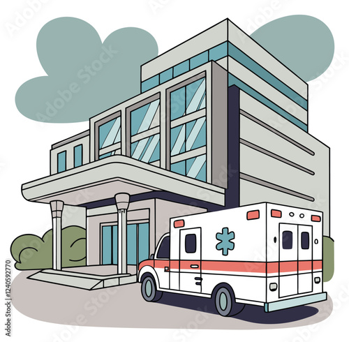 Ambulance, rescue vehicle in front of hospital line art icon sign silhouette vector illustration on white background