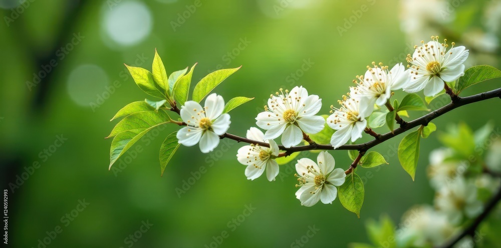 Fototapeta premium White flowers in clusters on black locust tree branches, blooming, foliage, locust tree