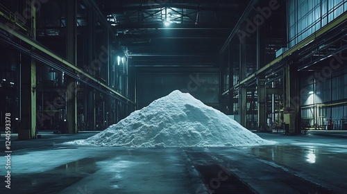 A large pile of ammonium sulfate inside chemical plant warehouse photo