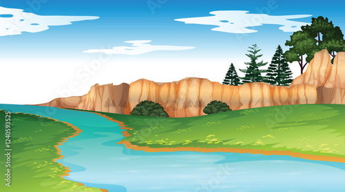 Beautiful landscape vector illustration of mountains, forests, fields and meadows. Stunning panoramic farm landscape with mountains in the background. landscape for printing.
