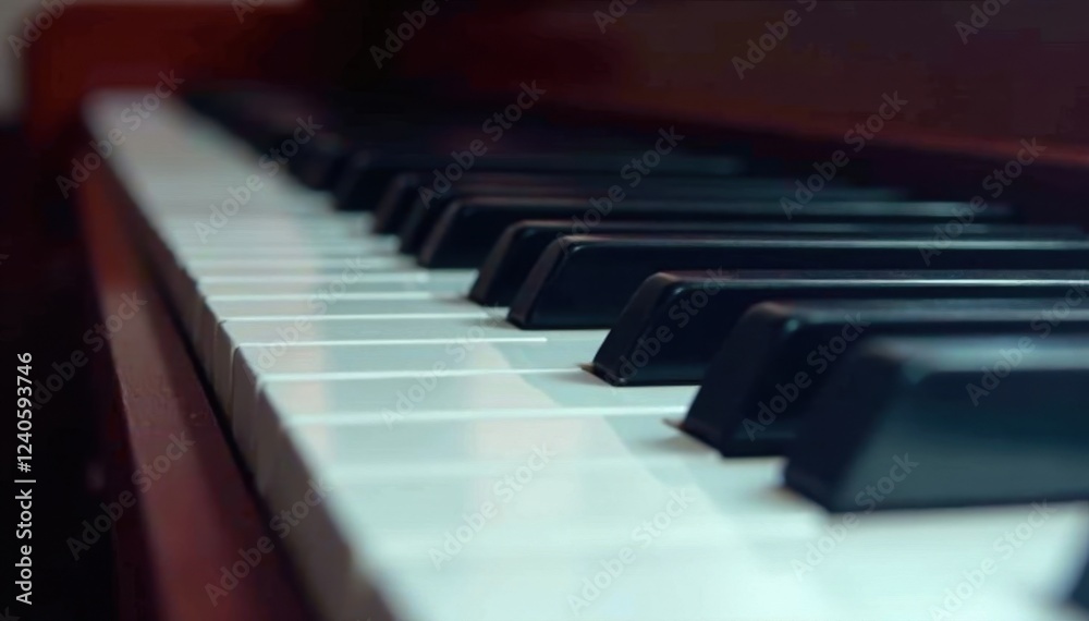Close-up of piano keys, side profile showing black and white keys, music education, perspective, side view