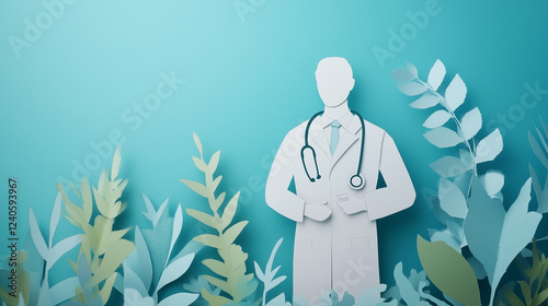 Doctor Holding a Stethoscope. A doctor figure with a stethoscope hanging around the neck. Paper cut out effect