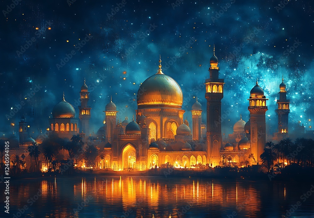 Fototapeta premium Mystical Cityscape at Night with Golden Domed Mosque and Glowing Towers