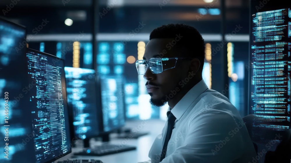 Professional working in a tech hub analyzing data on screens