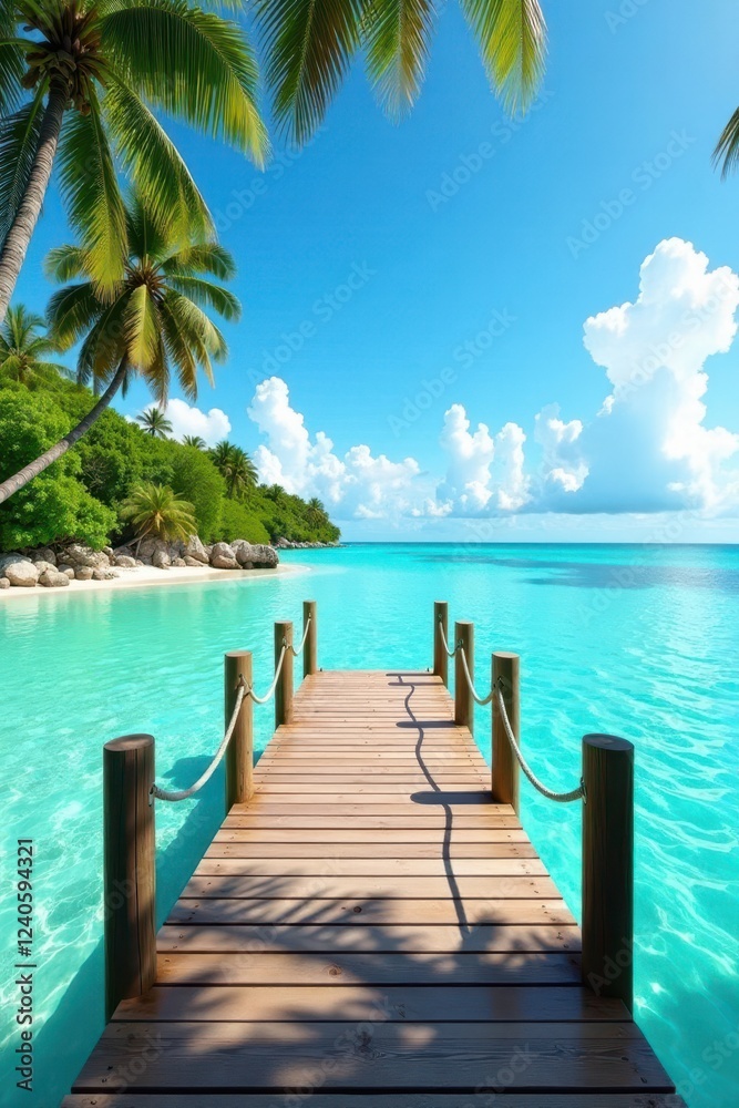 Sun-drenched wooden dock extends over turquoise tropical water , shore, sky Sun-drenched wooden dock extends over turquoise tropical water , shore, sky