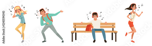 Happy People in Earphones Listen to Music Vector Set