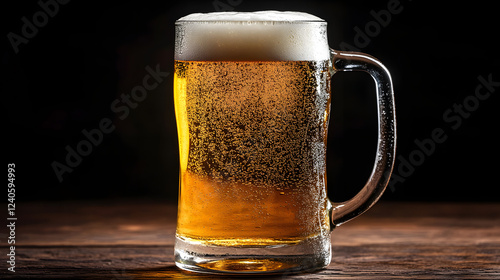 A close-up shot of condensation on a cold glass beer stein filled with pale ale.