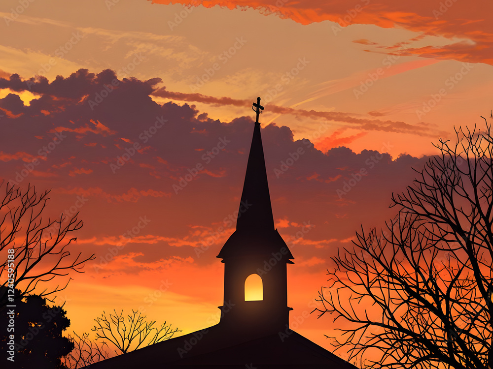 Spiritual Church Steeple Silhouetted Against Vibrant Sunset with Bare Trees Spiritual Church Steeple Silhouetted Against Vibrant Sunset with Bare Trees